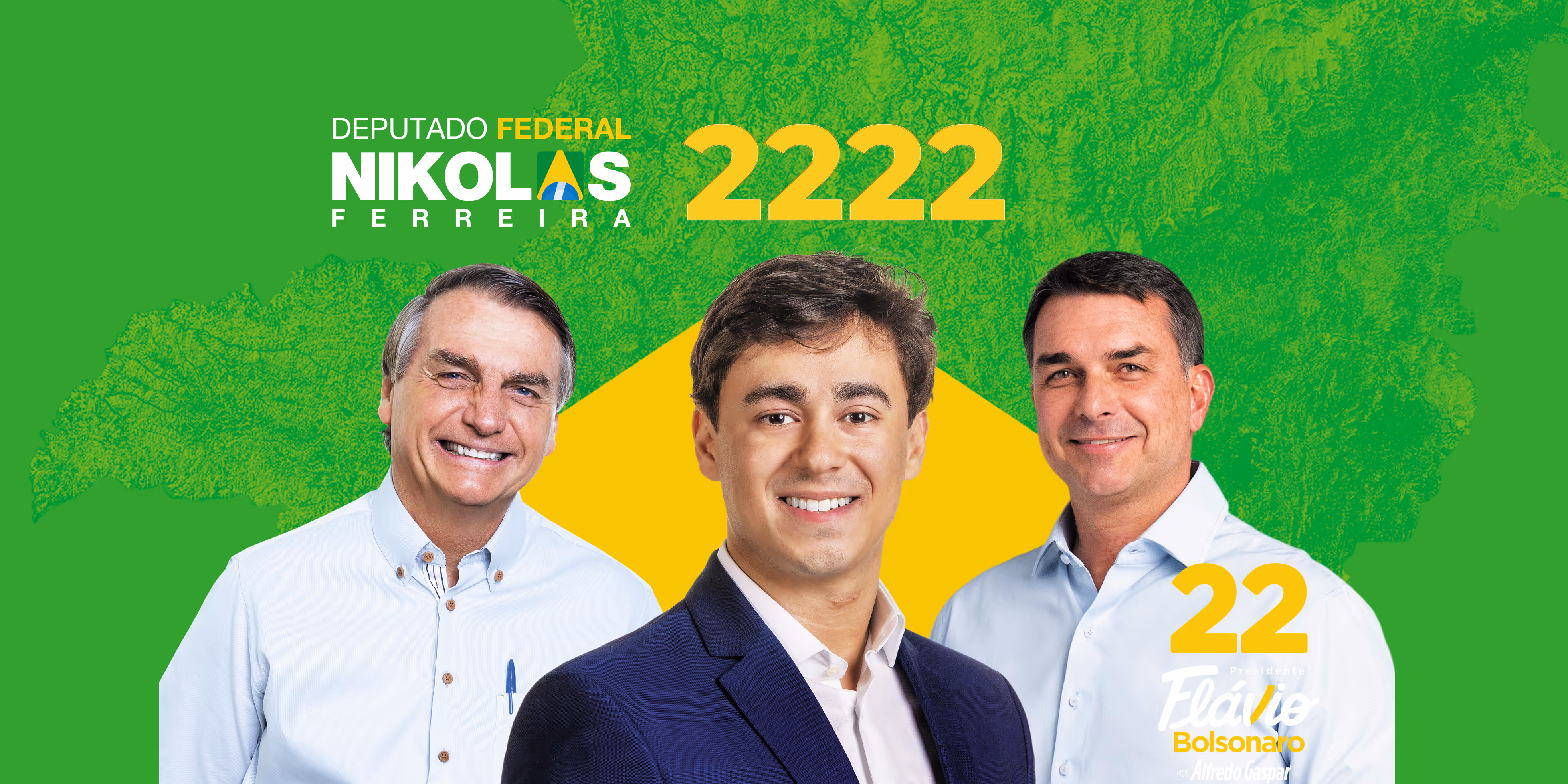 Nikolas Ferreira ao lado de Jair e Flávio Bolsonaro.